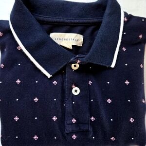 Aeropostale Mens XL Navy Blue Short Sleeve Polo Shirt Geo Diamond Dot Pique‎